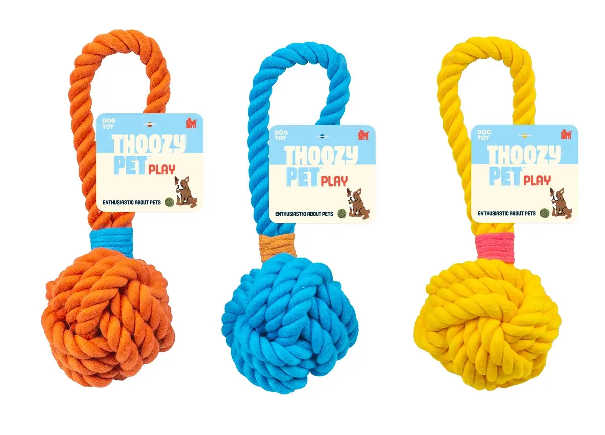 ThoozyPet Ball Tug Rope Dog Toy with Handle | Interactive Tug & Fetch Toy for Puppies and Small Dogs (Assorted)
