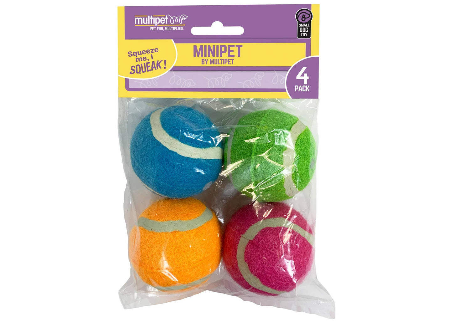 Multipet Minipet Squeaky Tennis Ball Dog Toy | Mini Fetch Toy for Small Dogs & Puppies 4pk