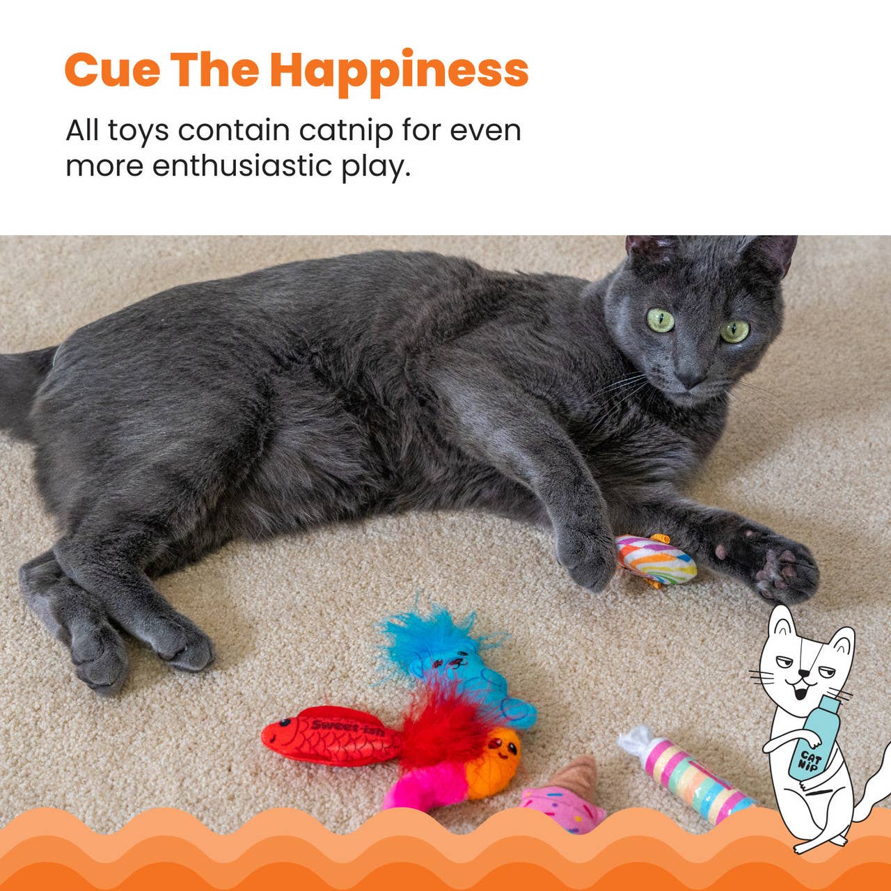 Candy Catnip Cat Toys 6-Pack | Plush Interactive Cat Toys with Catnip, Feathers & Crinkle