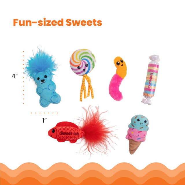 Candy Catnip Cat Toys 6-Pack | Plush Interactive Cat Toys with Catnip, Feathers & Crinkle